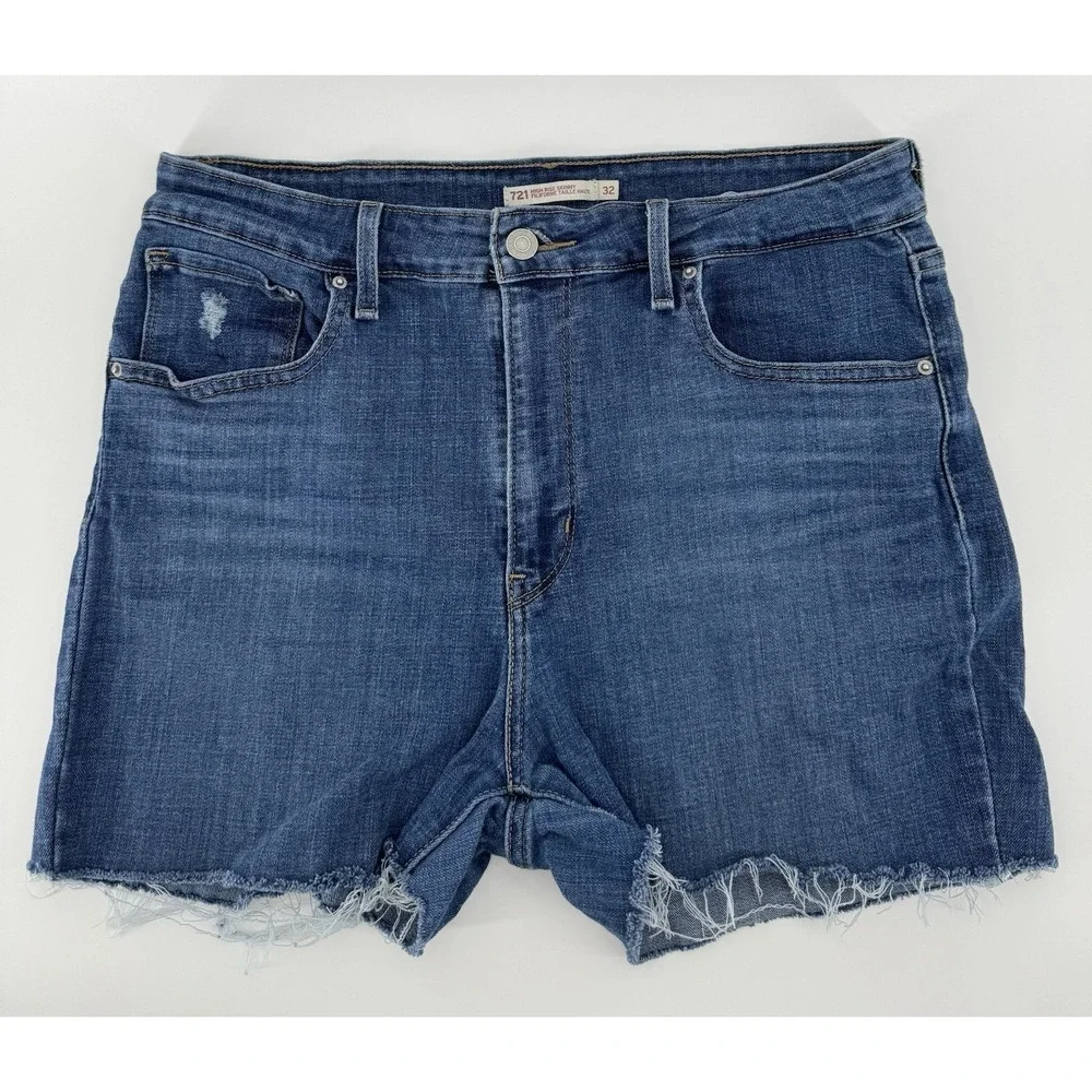 Levi's 721 Women's High Rise Skinny Cut Off Denim Shorts Distressed Size 32W